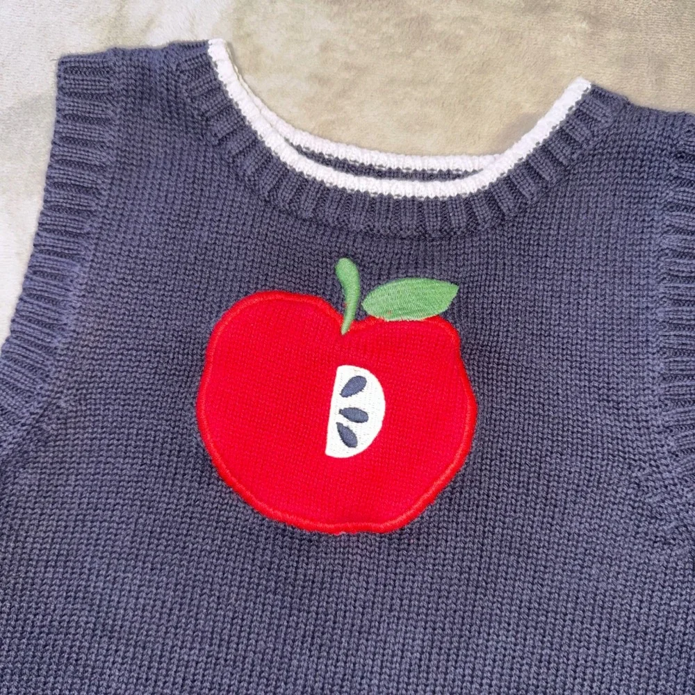 Gymboree Girls Y2K 2007 Apple Sweater Vest and Flare Jeans Set Navy Blue Size 7